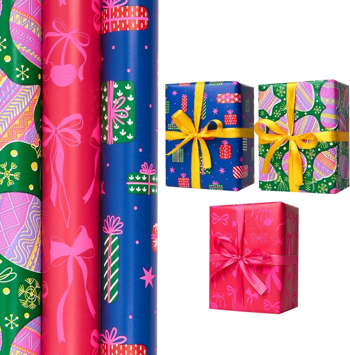 3 rollen kerstinpakpapier van cadeau, 43 cm x 3 meter herbruikbaar inpakpapier voor jongen, meisje, verjaardag, feest, festival, geschenkdecoratie (veelkleurig-5)