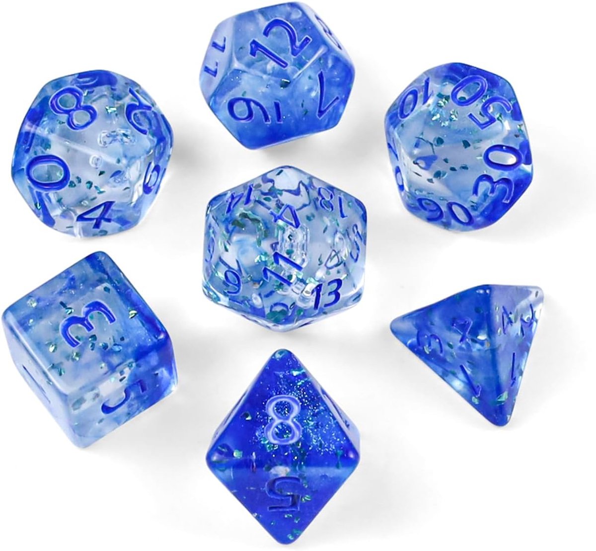 Dobbelstenen, 7 stuks, glitter dobbelstenen, transparante dobbelstenen voor Dungeons & Dragons RPG, MTG, DND, tafelkaartspellen, dobbelstenen (glitter blauw)