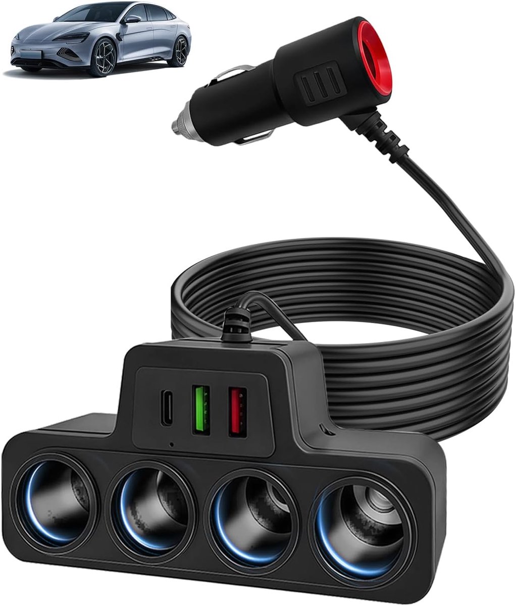 7-in-1 multi-stopcontact, oplader, sigarettenaansteker, adapter, 120 W, 12 V/24 V, 4 stopcontacten, oplader voor sigarettenaansteker met 3 poorten (QC 3.0 + USB 3.1 + PD 3.1), snel opladen