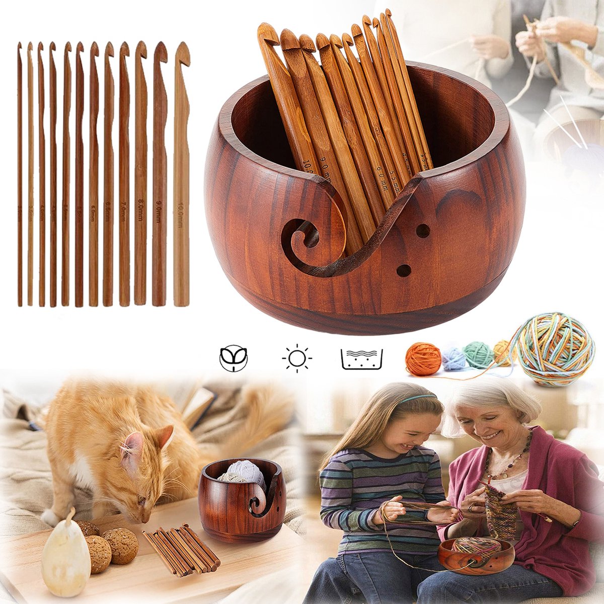 Handgemaakte Houten Garenkom, Draagbare Garenkom, Voor Doe-Het-Zelf Brei- en Haakaccessoires, Decoratieve Breikom.