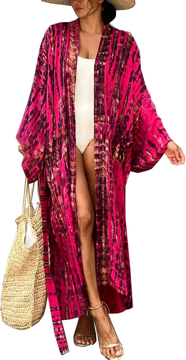 Nachtjapon voor dames, lange loungewear, kimono, vest, strandjurk, bedekkende kleding voor bikini en topjes, C roos, one size