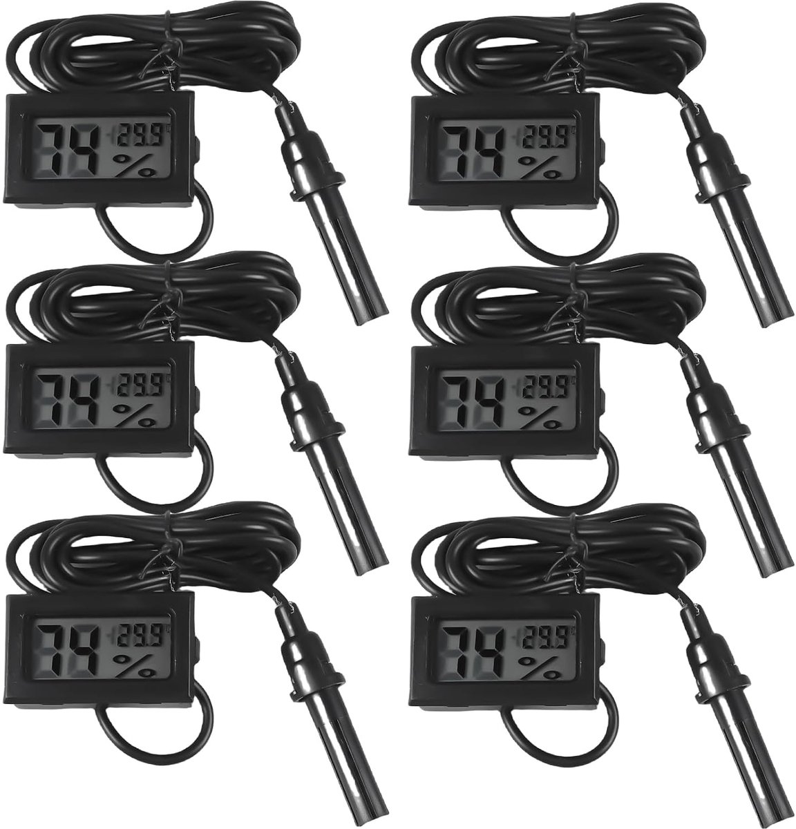 6 stuks digitale mini-lcd-thermometer, hygrometer, geïntegreerde mini-lcd-thermometer met sensor en kabel van 1,5 m, reptielen, temperatuur, luchtvochtigheidsmeter voor reptielen, incubator,