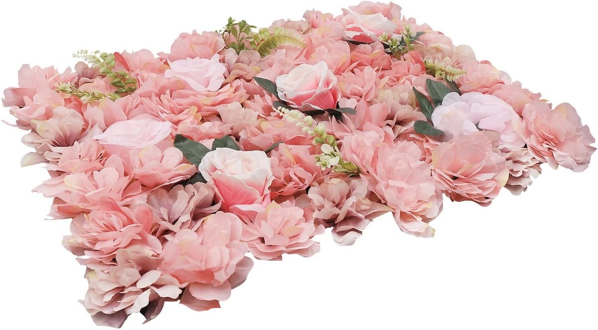 Kunstbloemenwand 60 x 40 cm met rozen, dahlia's en groene planten, kunstbloemenpanelen als wanddecoratie voor bruiloft, feest, fotowand en winkel- en woonruimteontwerp