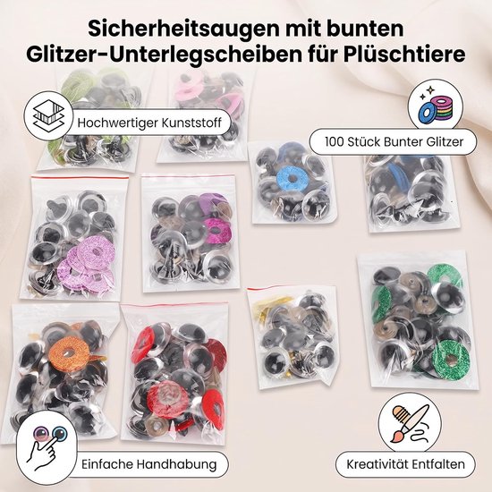 Ogen Set, 100 Stuks Plastic Poppenogen met Glitterschijf en Sluitringen, voor Teddyberen, Poppen, Haken en DIY Speelgoed — afbeelding 4