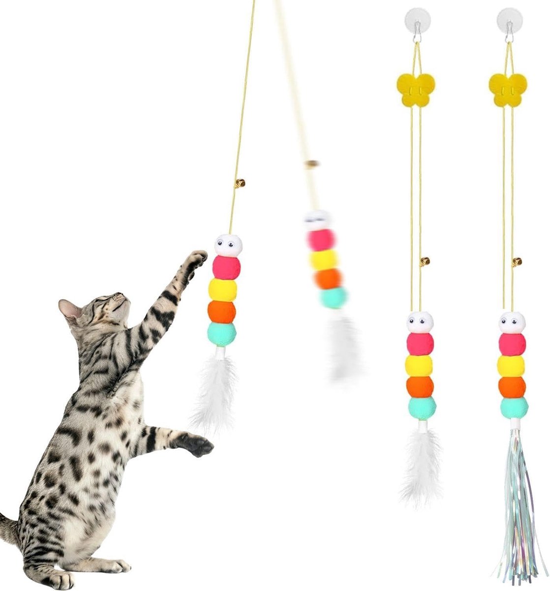 2 Stuks Opknoping Kat Stokken, Interactieve Indoor Kat Speelgoed, Met Klokken En Veren, Huisdier Speelgoed Om Verveling Te Verlichten.