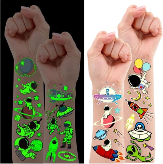 SnelShoppen - Glow-in-the-Dark Ruimte Tattoos voor Kinderen, 120 Stuks, Luminous Tijdelijke Tatoeages, Ruimte Thema met Astronauten, Planeten, Ideaal