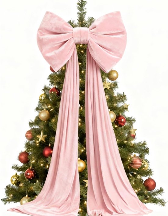 Grote roze fluwelen strik met twee lange linten, als piek voor een versierde kerstboom.