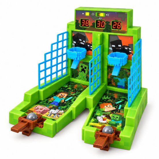 Groen Minecraft arcade basketbalspel met twee spelers, scorebord en basketmanden.