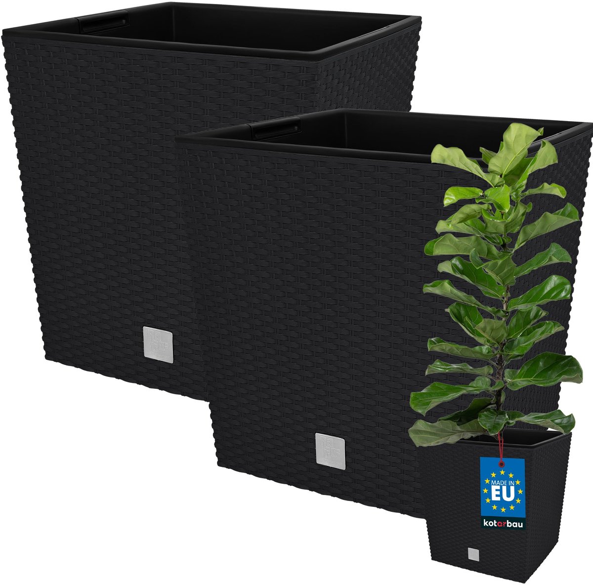 KOTARBAU® Vierkante Bloempot met Inzetpot - Vierkante Plantenbak 32x32 cm 2 Stuks - Plantenpot 32 L - Plantenbak - Kunststof - Rotanlook - Antraciet