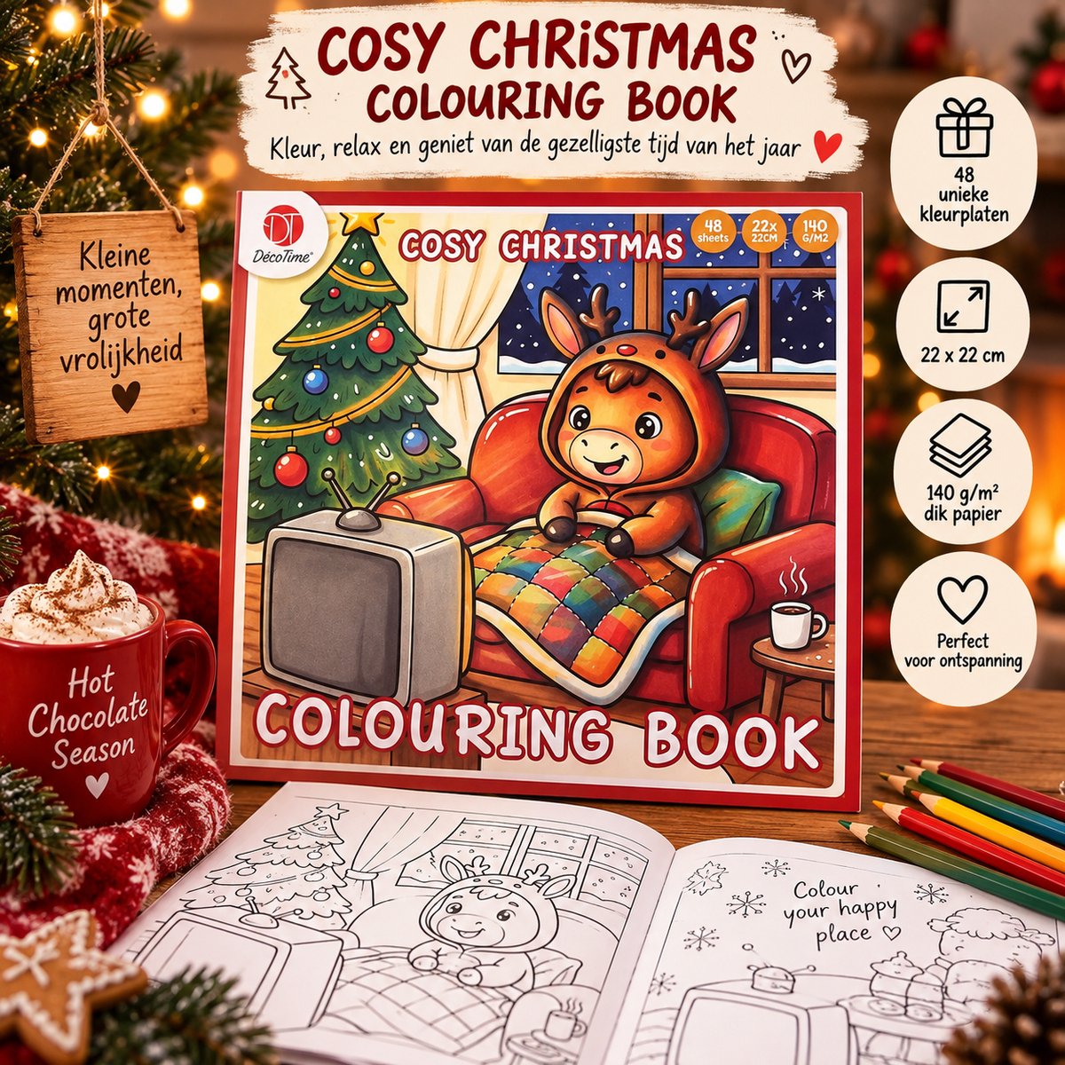 DecoTime Cosy Christmas Kleurboeken – 6 verschillende varianten – 48 Kleurplaten per Boek – 22 x 22 cm – 140 g/m² – Kerst Kleurboek voor Kinderen