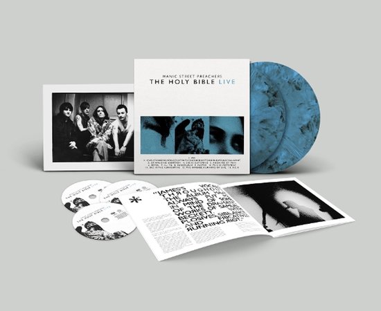 Box set met de "The Holy Bible Live" vinyl en cd's, inclusief een zwart-wit foto van de band en gedrukte tekst.