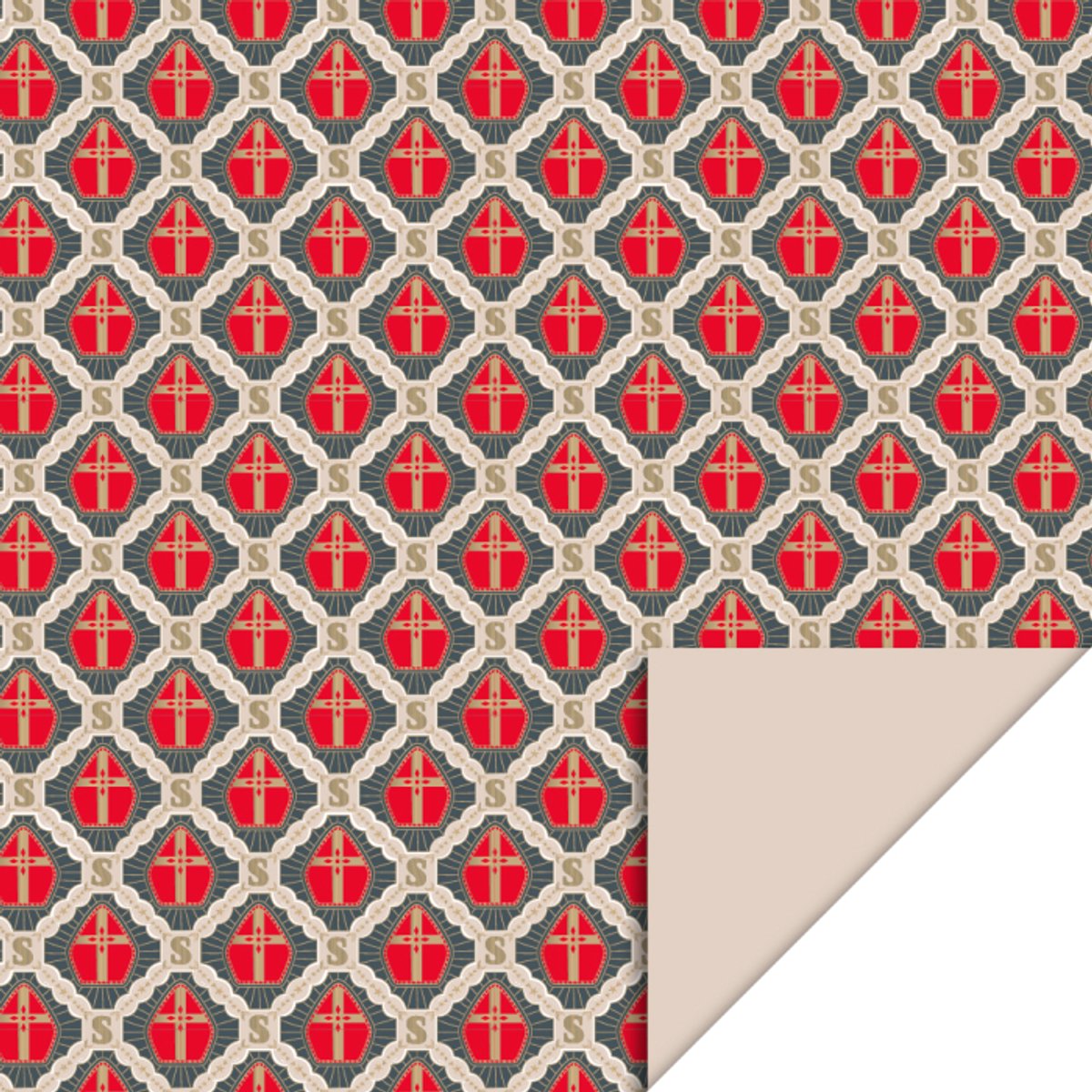 Het Inpakhuis - Cadeaupapier - Inpakpapier - Kadopapier - Sinterklaas - Pakjesavond - Mijter Blue - Beige - 70cm x 3mtr