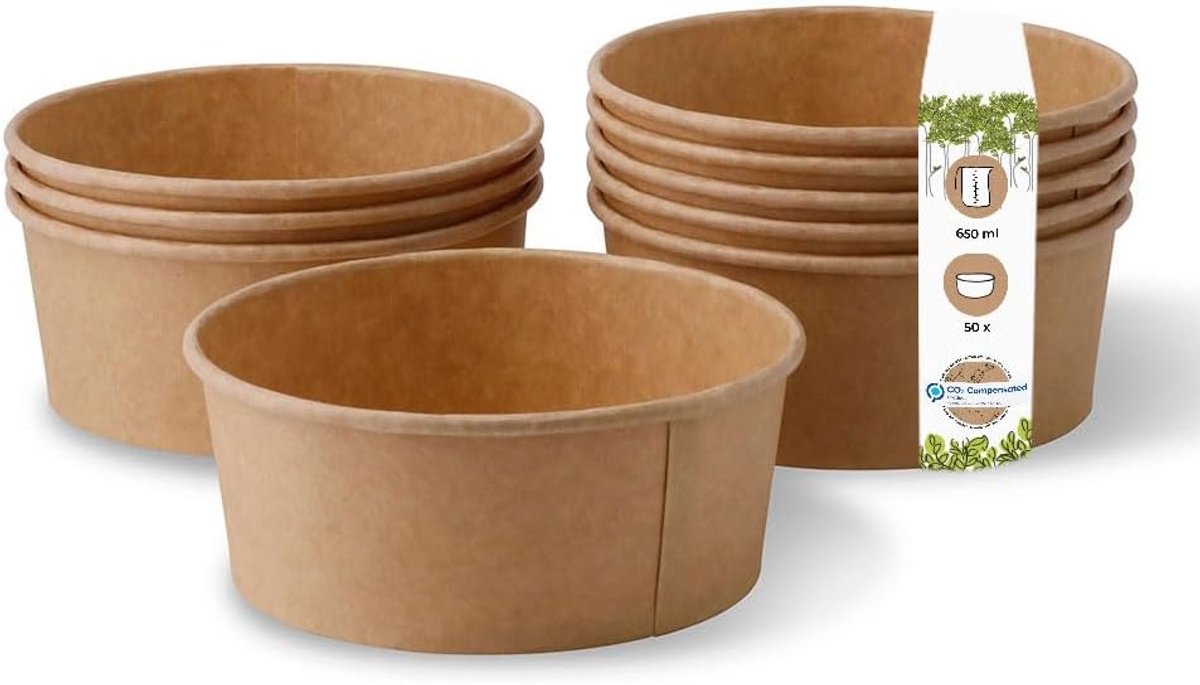 SnelShoppen - Composteerbare Kraft Kartonnen Soepkommen 650 ml I 50 Stuks I Biologisch Afbreekbare Saladeschalen met PLA Coating I Milieuvriendelijke