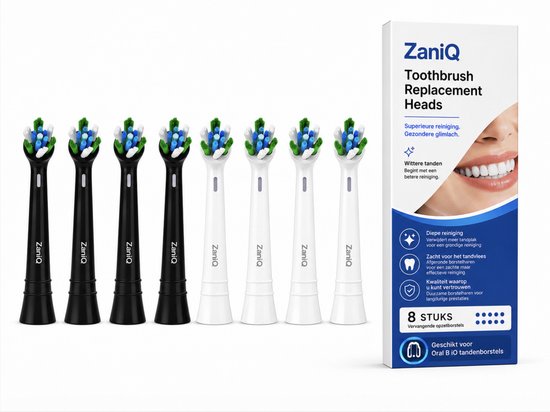 Verpakking met 8 ZaniQ opzetborstels, 4 zwart en 4 wit, met blauwe en groene accenten.