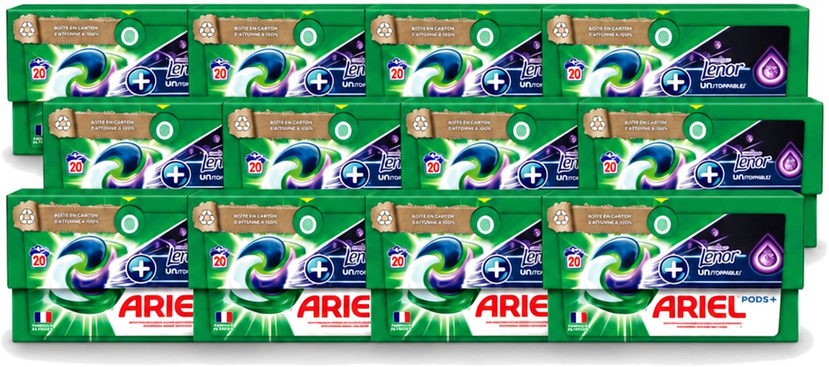 12 x Ariel Original - Touch of Lenor Unstoppables - Wasmiddelcapsules - Pods+ - Witte en Gekleurde Was - 20 Wasbeurten - Voordeelverpakking - 12 stuks