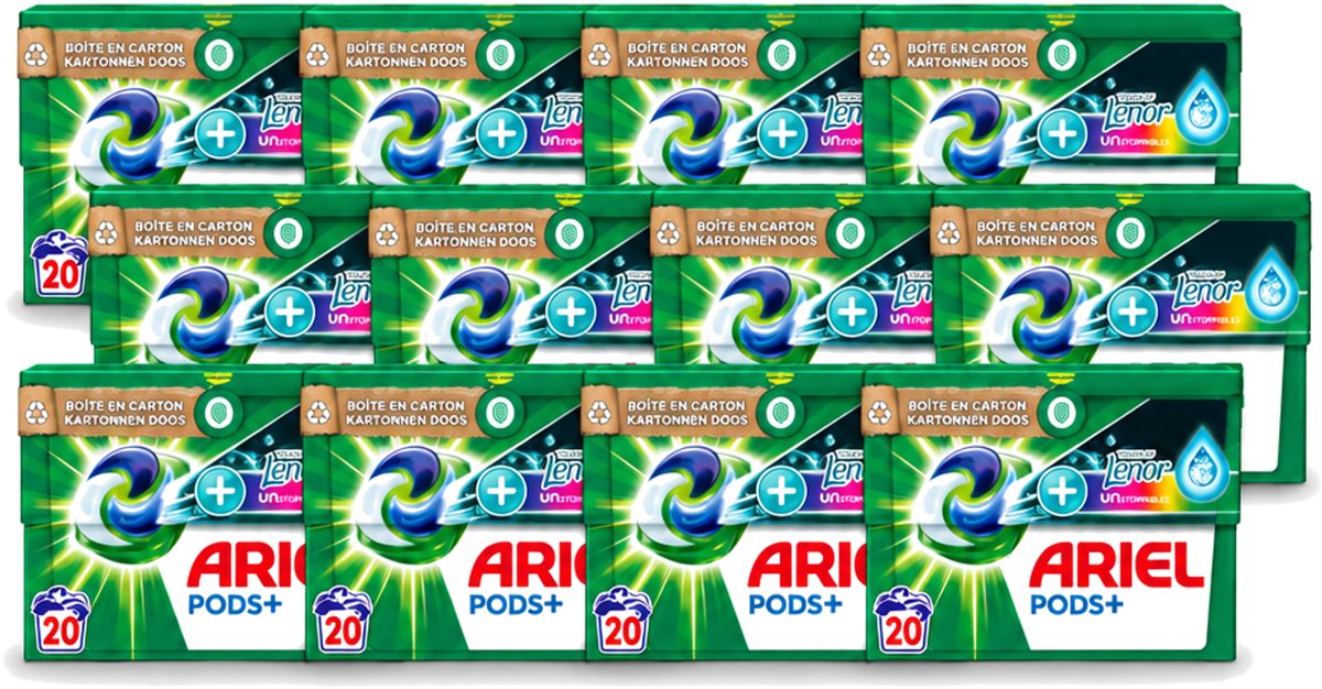 12 x Ariel Original - Touch of Lenor Unstoppables - Wasmiddelcapsules - Pods+ - Gekleurde Was - 20 Wasbeurten - Voordeelverpakking - 12 stuks