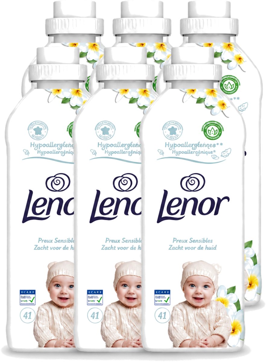 6 x Lenor - Wasverzachter - Gevoelig - Milde Geur - 41 Wasbeurten - Voordeelverpakking - 6 stuks