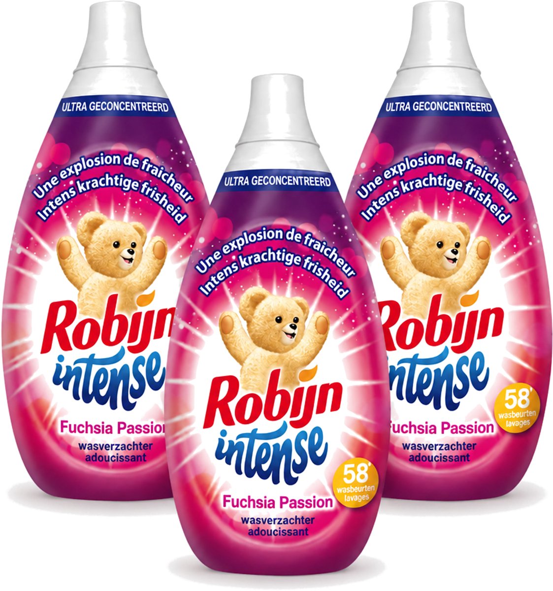 3 x Robijn Intense - Wasverzachter - Intense Fuchsia Passion - 870ml - 58 Wasbeurten - Voordeelverpakking - 3 stuks