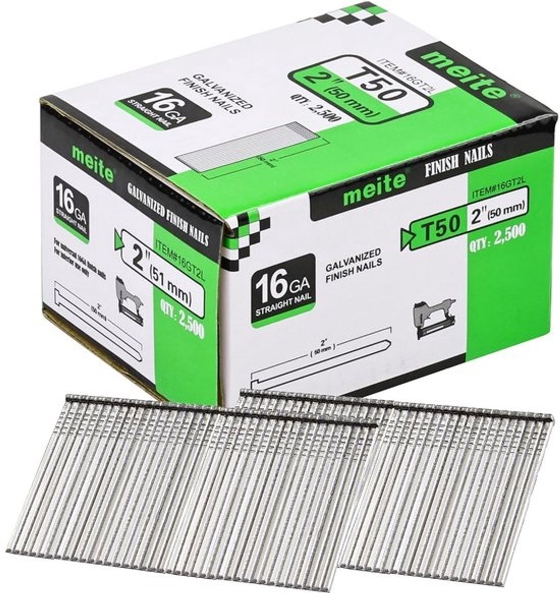 2.500x 16G rechte afwerkingsnagels - 50mm - Verzinkte bradnagels - Voor nagelpistool