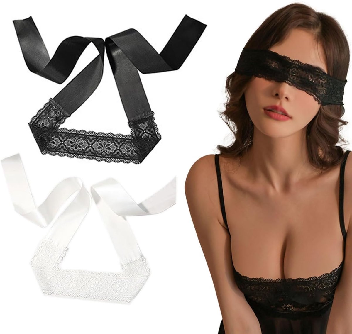Oogmasker met fijne bloemenkant - zwart/wit - verstelbare touwtjes - voor sensuele momenten - ShopVlot