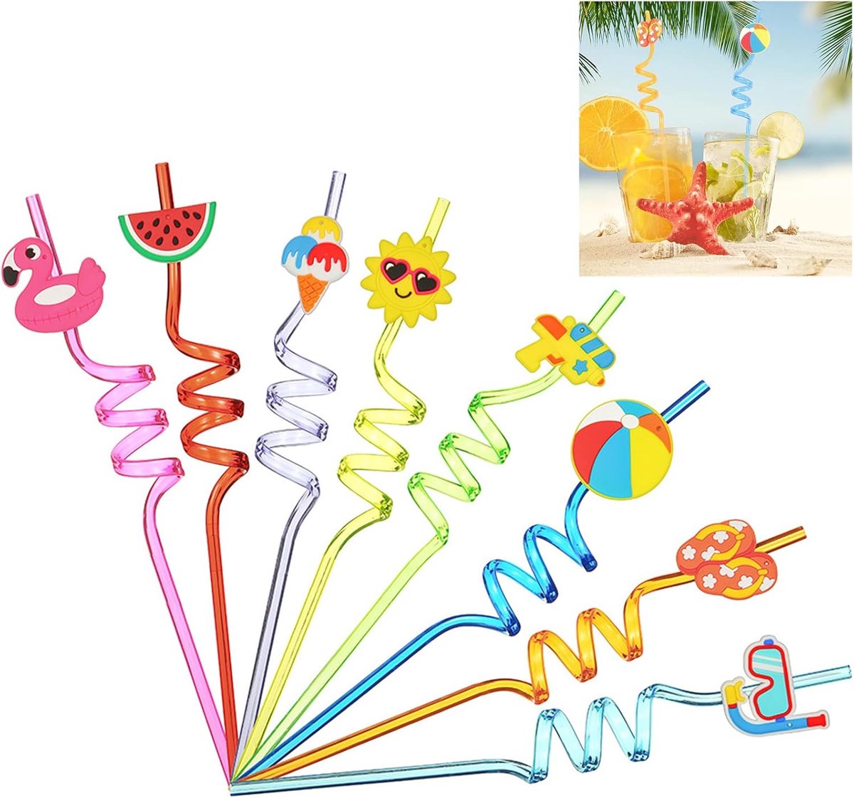 SnelShoppen - Krullende Kunststof Rietjes 8 Stuks - Kleurrijke Herbruikbare Rietjes voor Verjaardagsfeesten, Zomer, Hawaï-zwembadfeest, Koud Drankgebr