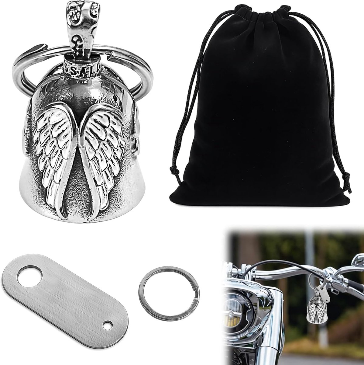 Geluksbrengerbel voor motorfiets, van roestvrij staal, bikerbel voor vrede en bescherming, motorbel met zwart fluwelen zakje