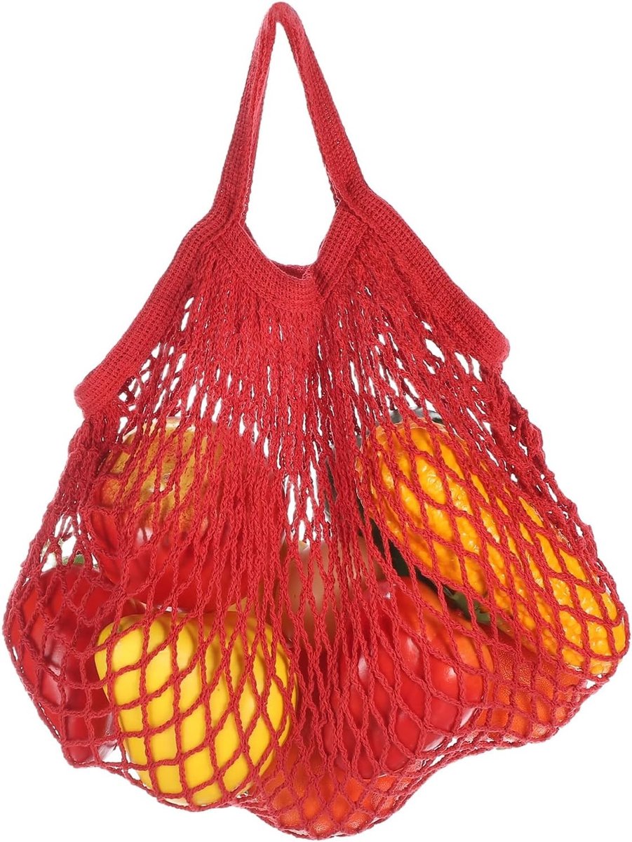 Herbruikbare Netopbergzakken - Wasbare Katoenen Fruit- en Groentetassen met Trekkoord en Handvat voor Winkelen en Opslag, Rood