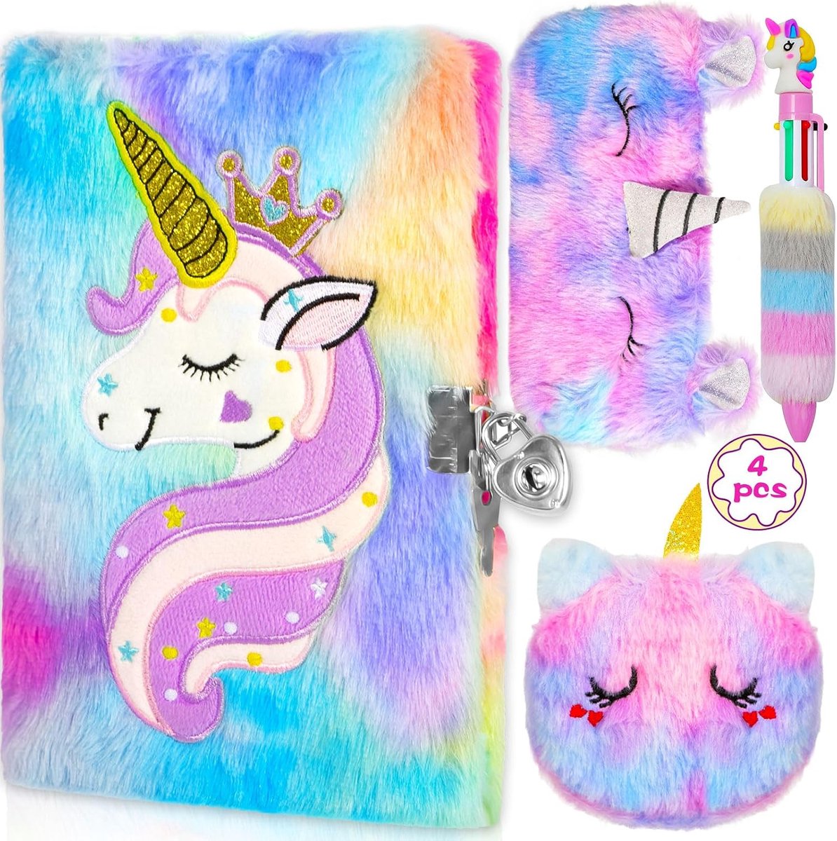 Set van 4 pluche dagboek met slot, eenhoorn-notitieboek, 160 pagina's dubbelzijdig notitieboek, geheim dagboek met eenhoorn-portemonnee, pen, etui, cadeaus voor meisjes