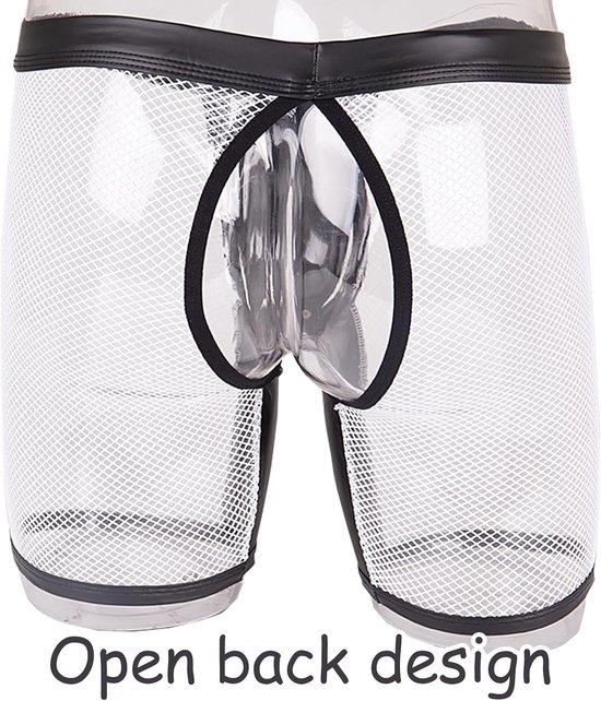 Men's See Through Sexy Mesh With Faux Leather Loose Shorts Pants Erotic Clubwear Button Removable Pouch(A4-50Hei,XL) — afbeelding 4