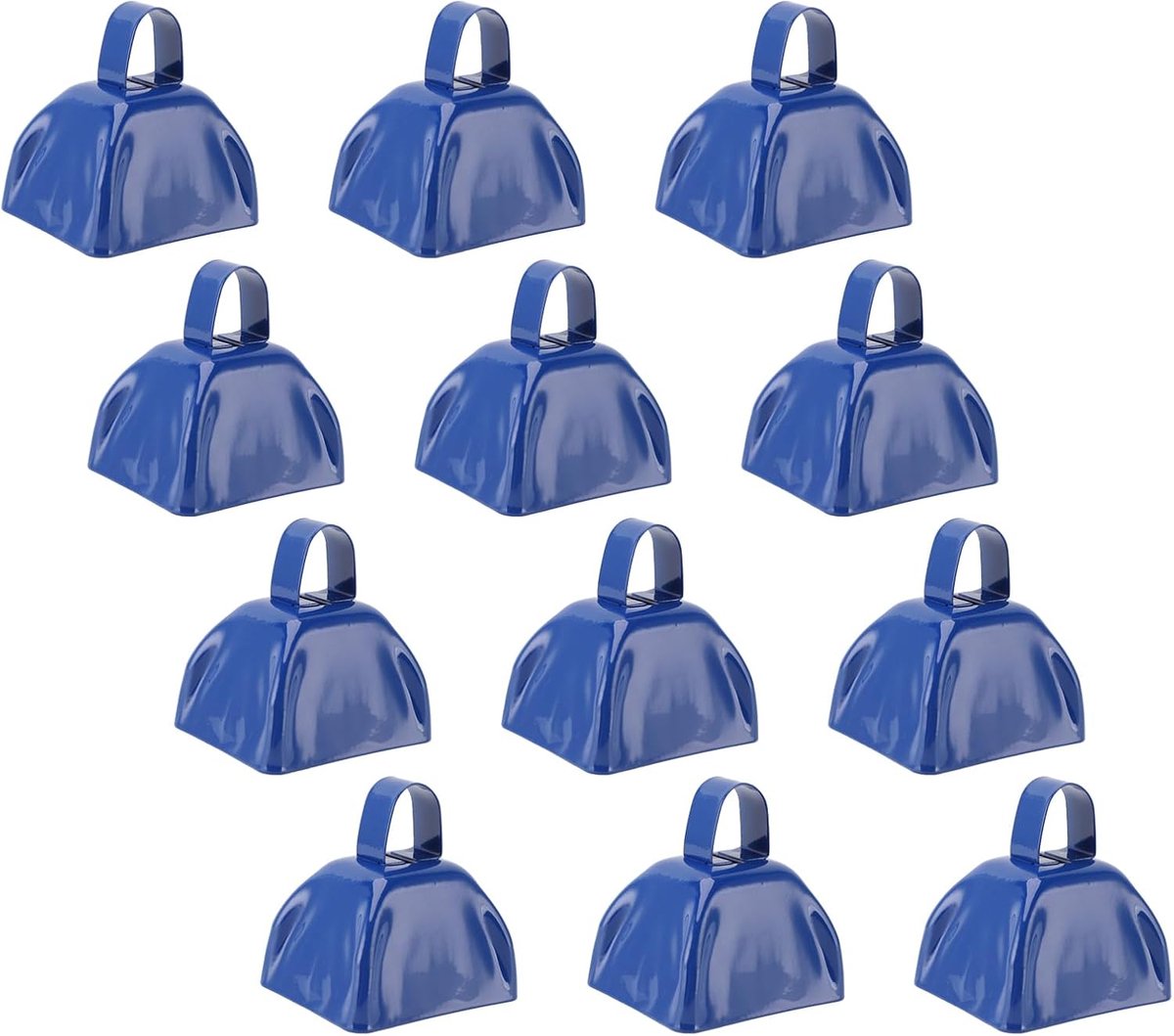 12 stuks handpercussie koebellen, 3 inch groenblauwe metalen bellen voor sportief gejuich en vieringen, kleine geest-lawaaimakers met handgrepen