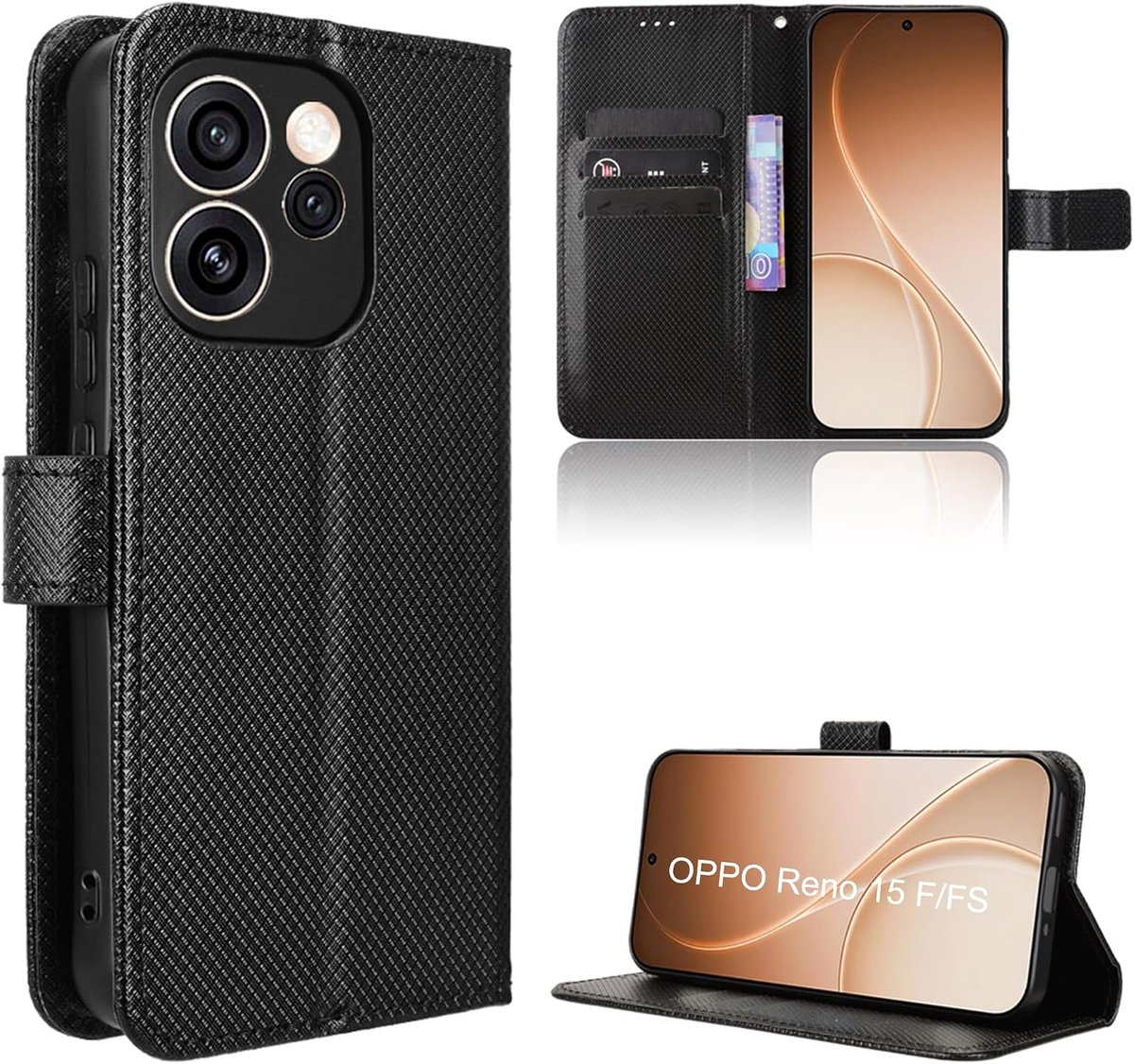 Hoes voor Oppo Reno 15 F/15 FS 5G, telefoonhoes, stootvaste case, cover, mobiele telefoonhoes, in premium koolstofvezel (inklapbaar flip), standaardfunctie, zwart