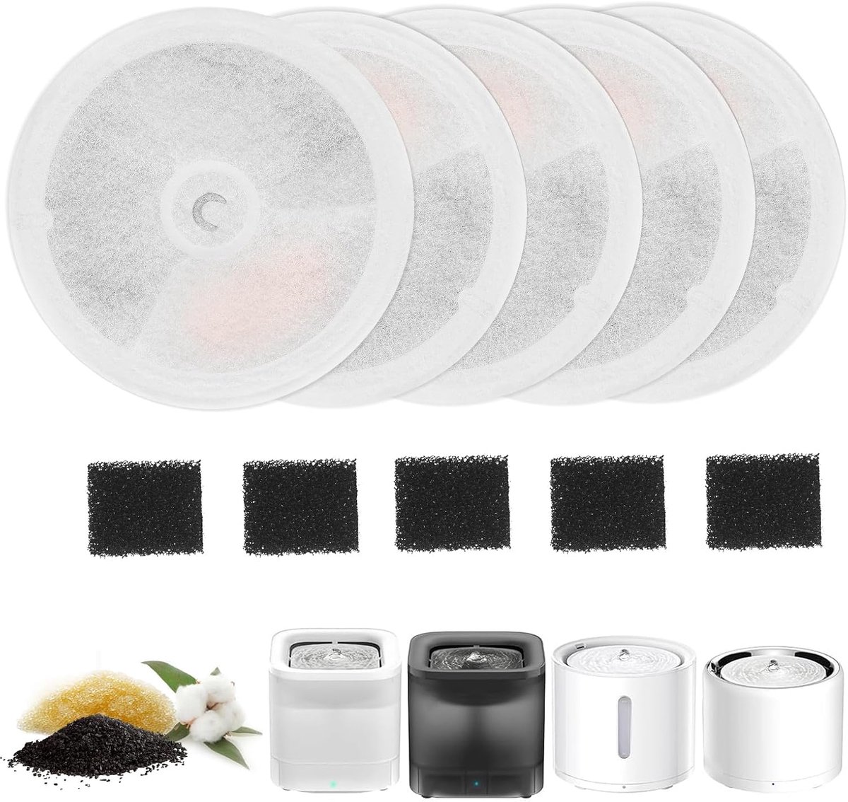 5 stuks drinkfonteinfilters voor 1,85 l katten, waterdispenser voor 2.0 & 3.0 katten, honden, drinkfontein, vervangingsfilter, actieve kool, lonenwisselhars, viervoudig