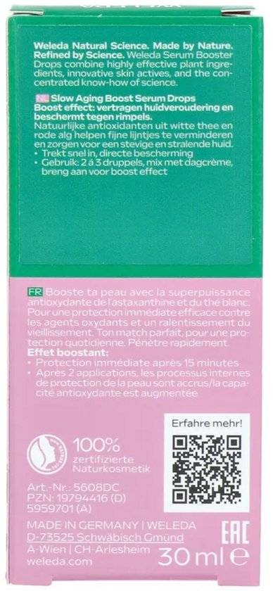 Groene en roze verpakking met tekst over Weleda serum. Beschrijft anti-aging en ingrediënten.