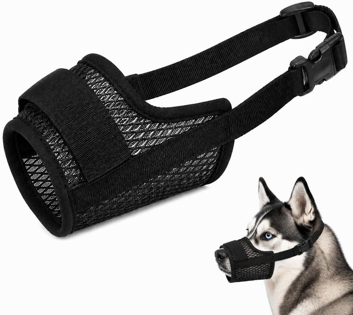 Muilkorf voor middelgrote honden, 1 muilkorf van ademend mesh, anti-blaf en bijt, zacht en verstelbaar, voor wandelingen, dierenarts en verzorging, zwart, M (14-20 cm)