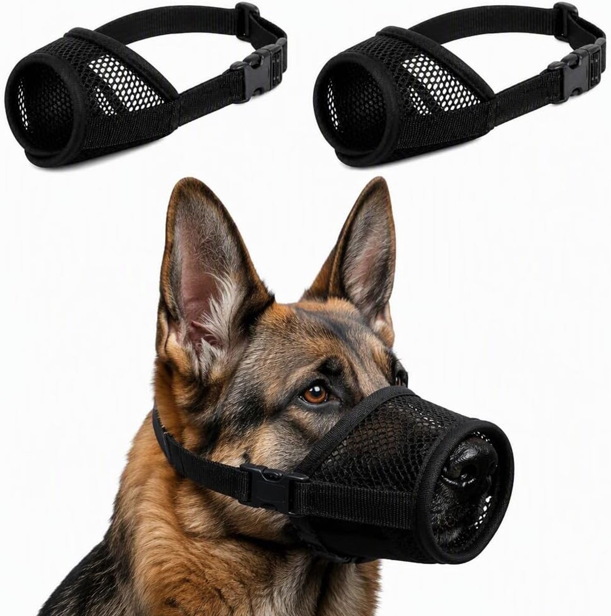 Muilkorf voor middelgrote honden, 2 stuks muilkorf van ademend mesh, anti-blaf en bijt, zacht en verstelbaar, voor wandelingen, dierenarts en verzorging, zwart, M, geschikt voor snuit omtrek 14-20 cm