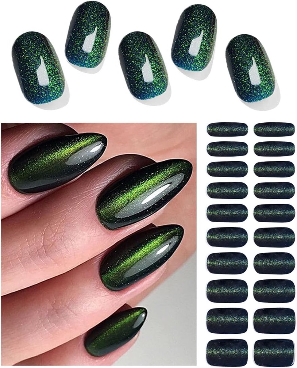 Semi-cured gel nagelstickers, zelfklevend, 20 stuks, groene Cat Eye nagelfolie om op te plakken, voor doe-het-zelf nagels