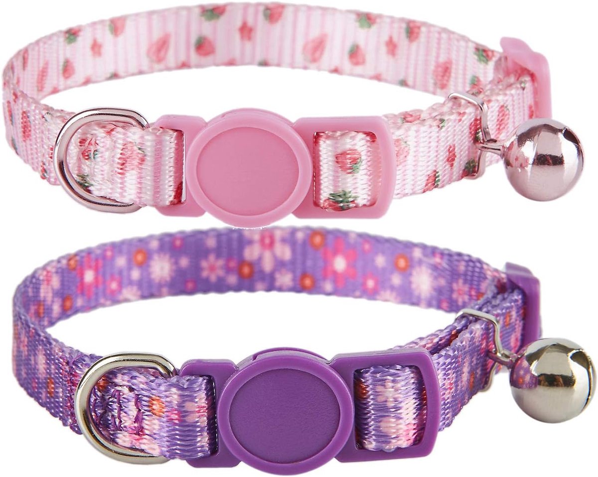 Halsbanden Pack van 2, kleurrijke bedrukte basic sterke meisjes kattenhalsband Quick Release met verwijderbare bel, roze paars