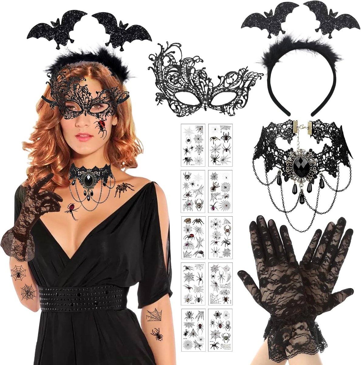 5 stuks Halloween Steampunk damesaccessoires met kanten handschoenen vrouwen/Venetiaans masker/Gothic Jewelry Necklace/Halloween haarband/tattoo-stickers voor maskerade, cosplay, feest enz