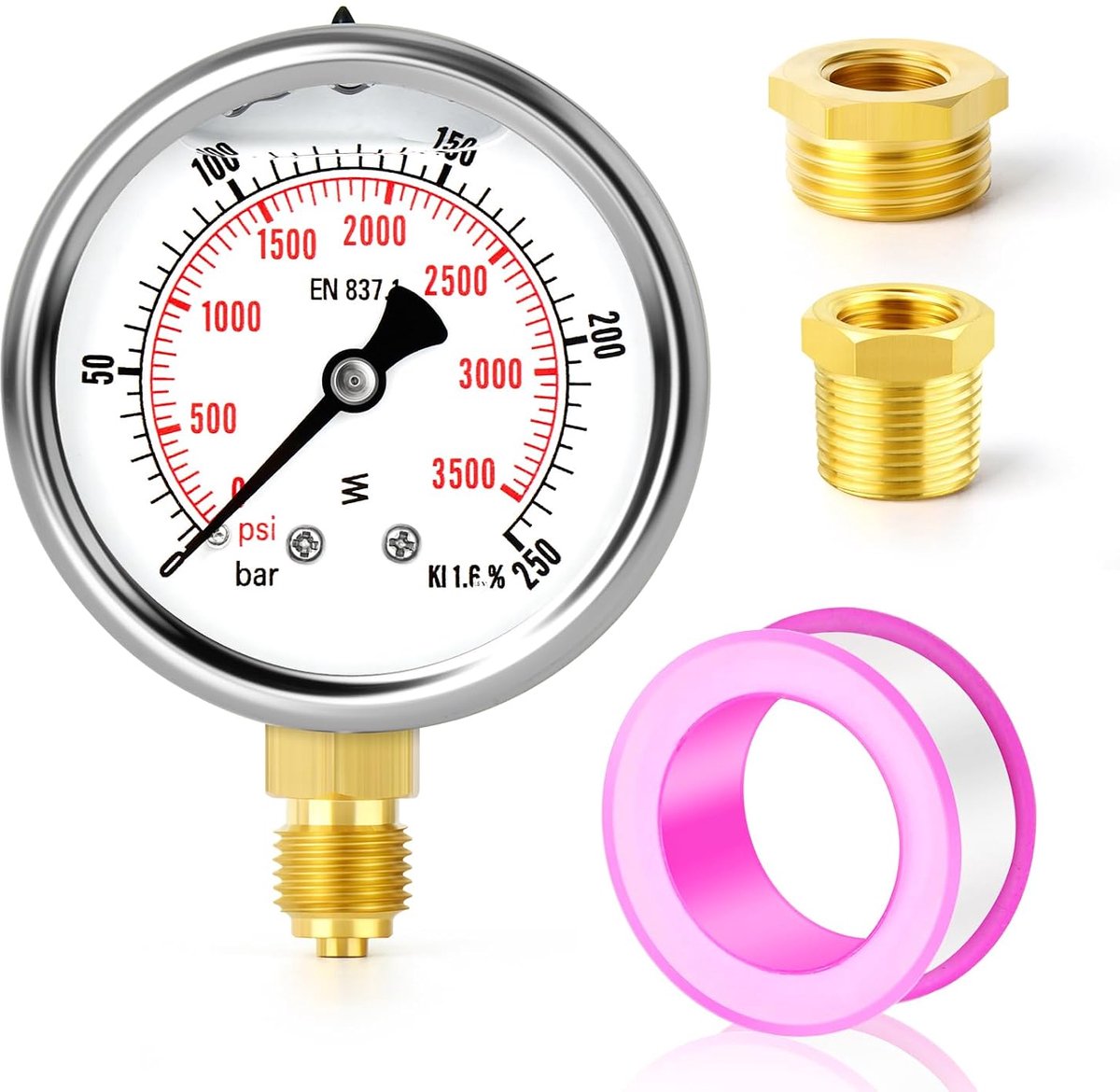 0-250 bar/0-3500 PSI roestvrijstalen 1/4" BSP 2,5" FACE DIAL vloeistofgevulde manometer, ondermontage met 3/8" x 1/4" en 1/2" x 1/4" messing zeskantbus WOG water olie lucht