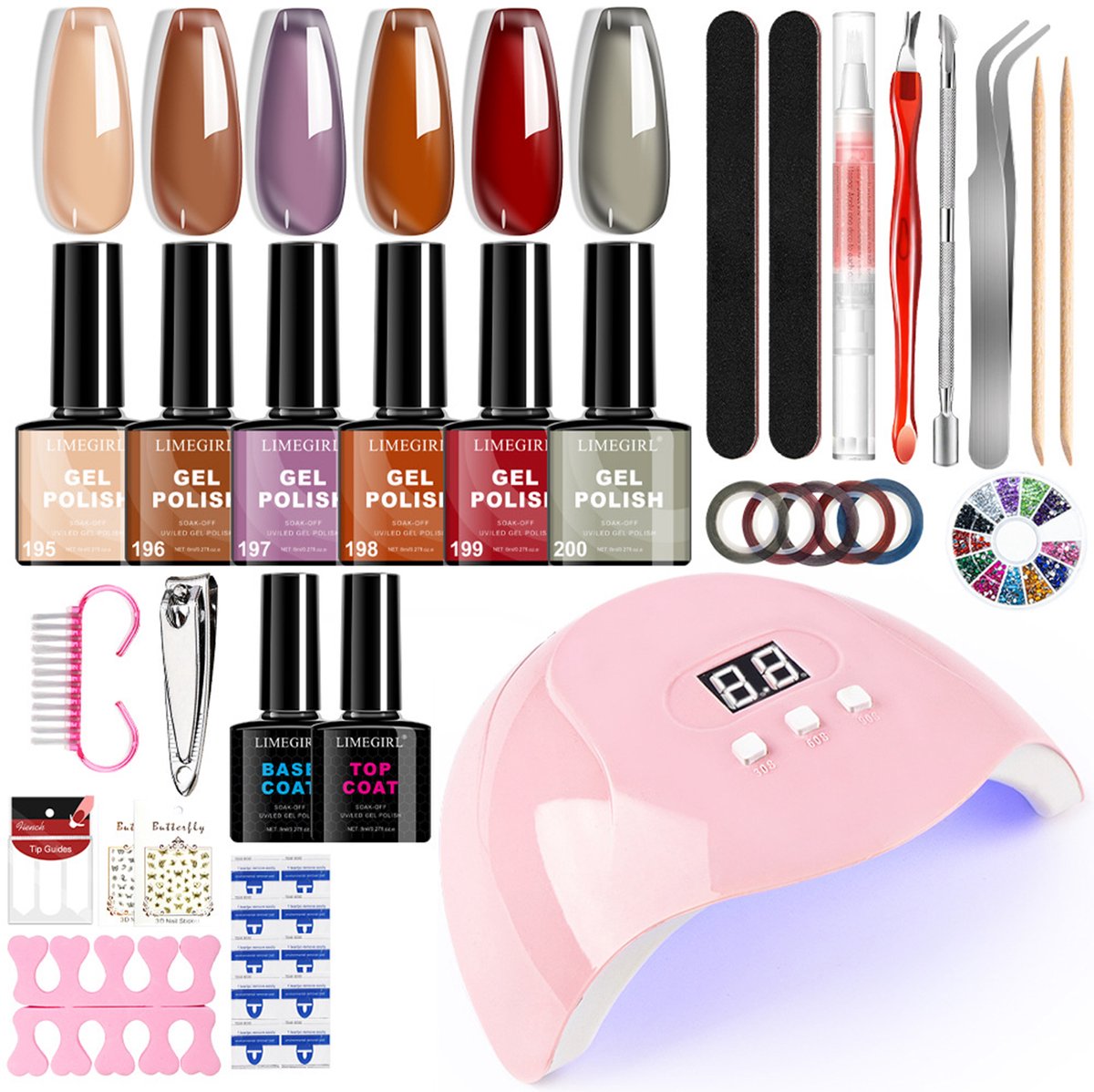 NAXSIR Gelnagellak-set 6 kleuren met UV-LED-lamp, base- en topcoat, nagelaccessoires voor manicure thuis