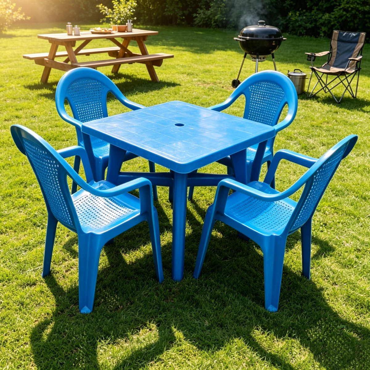 Tuinmeubelset blauw 1 Tafel + 4 Stoelen 80x80x72cm Kunststof Terrasset Max Draagvermogen 150kg met Antislip Poten Geschikt voor Tuin Terras en Buiten Dineren