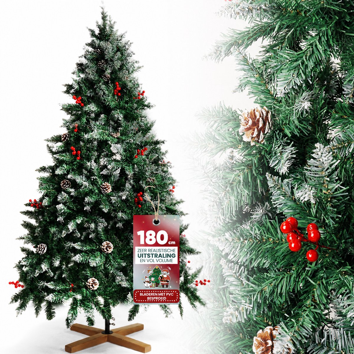 Arvioo - 1,8m kunstkerstboom - sneeuw effect - houten voet - automatisch uitklapbaar