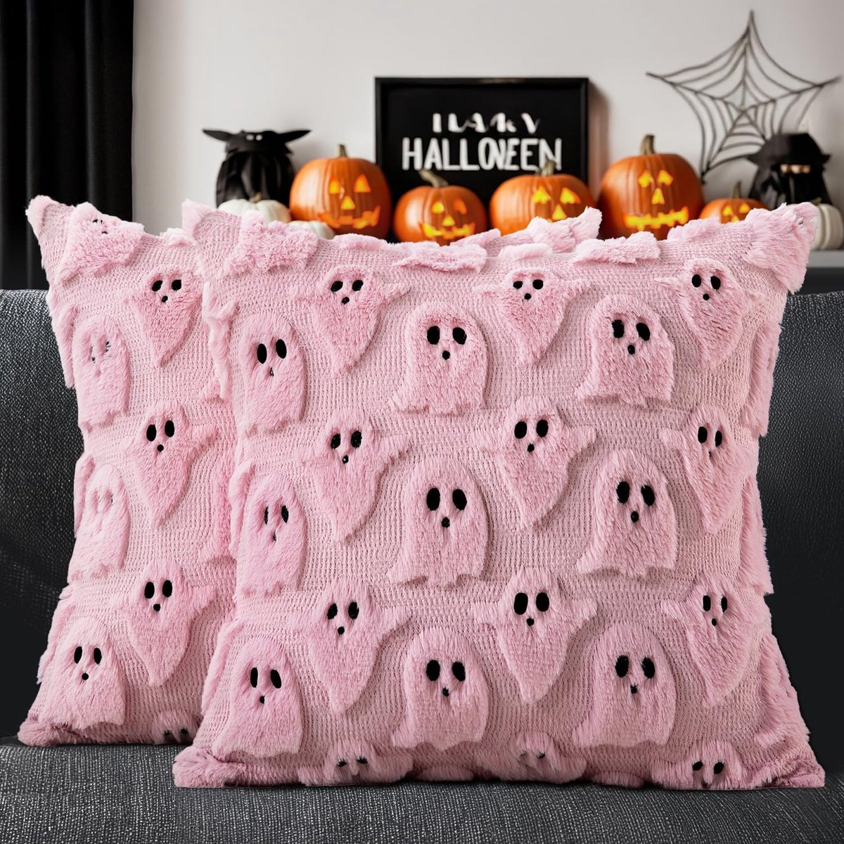 Set of 2 Pink Halloween Ghost Pillow Covers 18×18 Inch - 3D Embroidered Faux‑Fur Polyester Cushion Cases - Sweet Spooky Pastel Decor for Sofa Bedroom Cottagecore Boho Home Decor (Inserts Not Included)