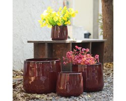 REDOM - Bloempotset - 4-delig - Handgevormd keramiek - Hoogglansglazuur - Met afwateringsgaten - Voor binnen en buiten - Rood - Ø 33/26/20/15 cm