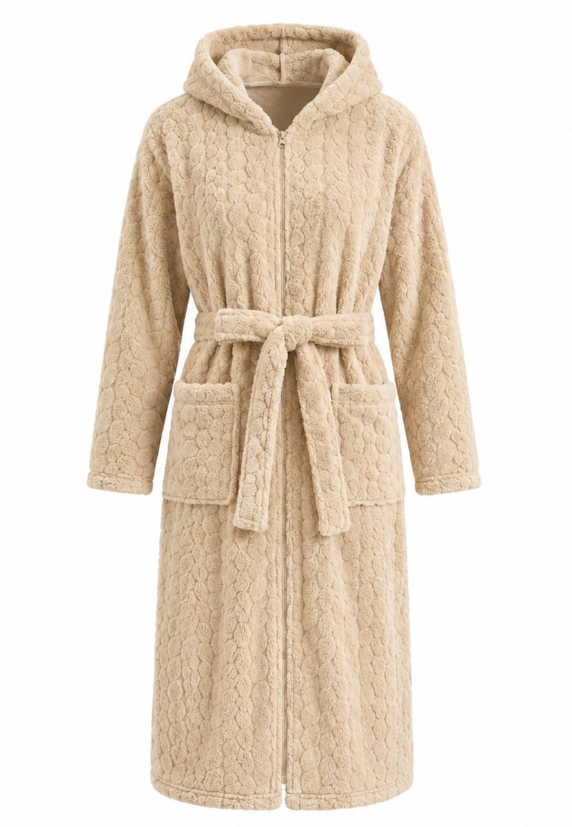 Charlie Choe - Limited Collections Badjas dames - zacht en warm fleece - teddy badjas extra lang - luxe dames badjas met rits, capuchon en ceintuur - trendy ochtendjas - Charlie Choe - zand zand rits