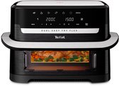 Zwarte Tefal Dual Easy Fry Flex airfryer met zilverkleurige accenten. Bovenste deel met digitaal display. Onderste deel met zichtbare kip en groenten.