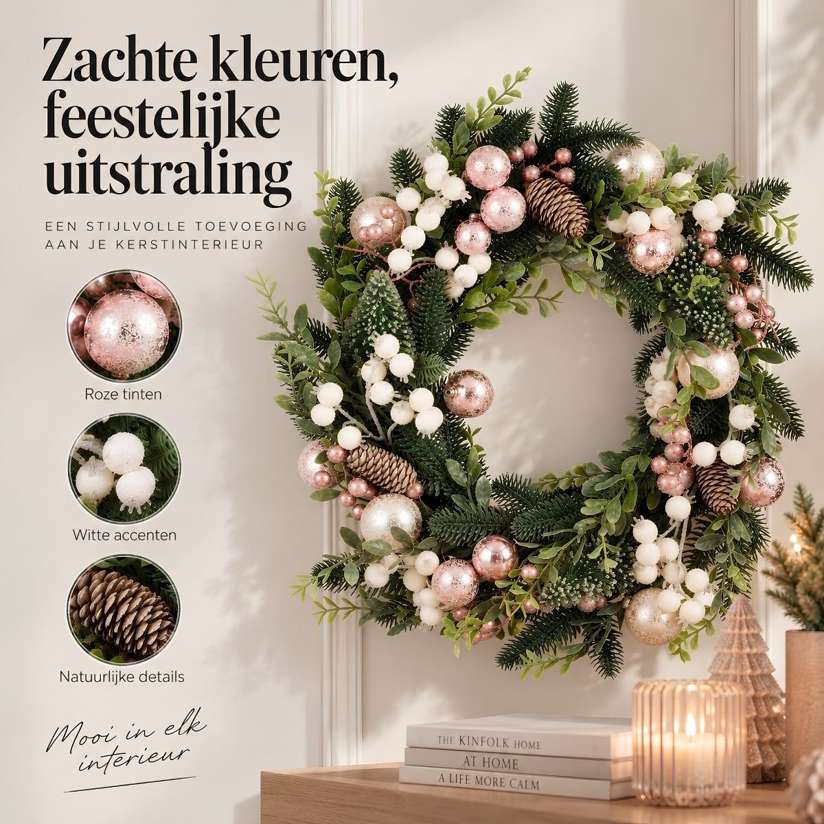 Mica Decorations Rosalie Kerstkrans Roze met Groene Dennentakken - Kerstkrans met Roze en Witte Kerstballen - Decoratieve Krans voor Deur, Muur of Tafel - H11 x Ø50 cm – foto 5