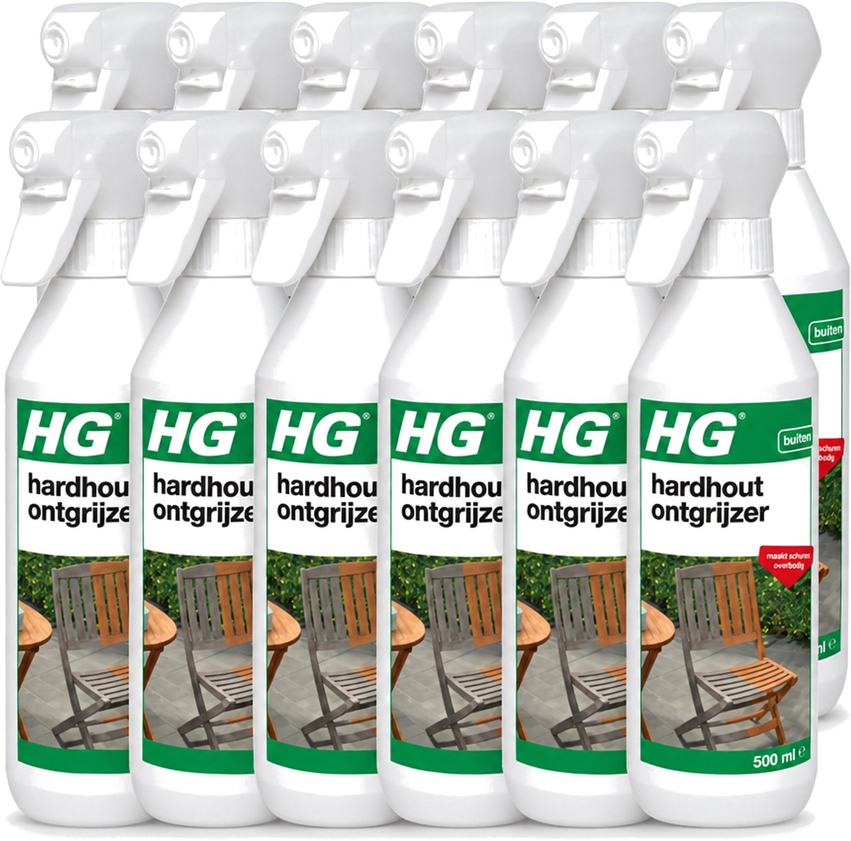 12 x HG - Buiten - Hardhout Ontgrijzer - Maakt Schuren Overbodig - 500 ml - Voordeelverpakking - 12 stuks