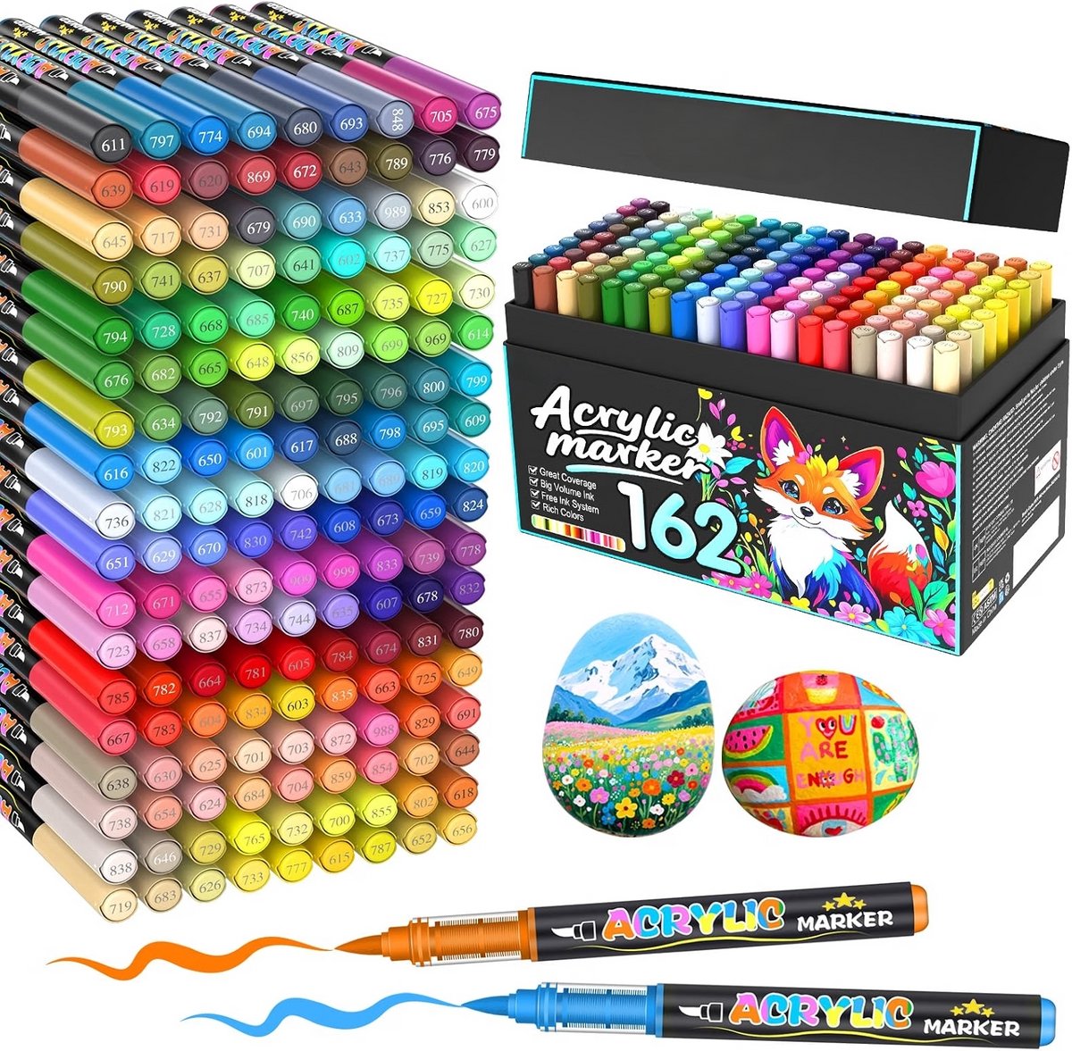 PromoHome Acrylverfstiften Set van 162 Kleuren - Penseelstiften met Brush Tip 1-5 mm - Permanent op Waterbasis voor Stenen, Stof, Hout, Glas, Papier en Plastic
