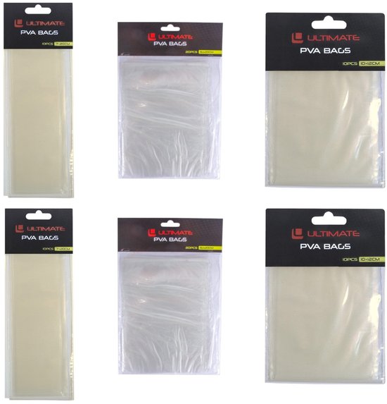 Drie verpakkingen Ultimate PVA Bags: 2x 10 stuks (7x25cm) en 1x 10 stuks (10x12cm).